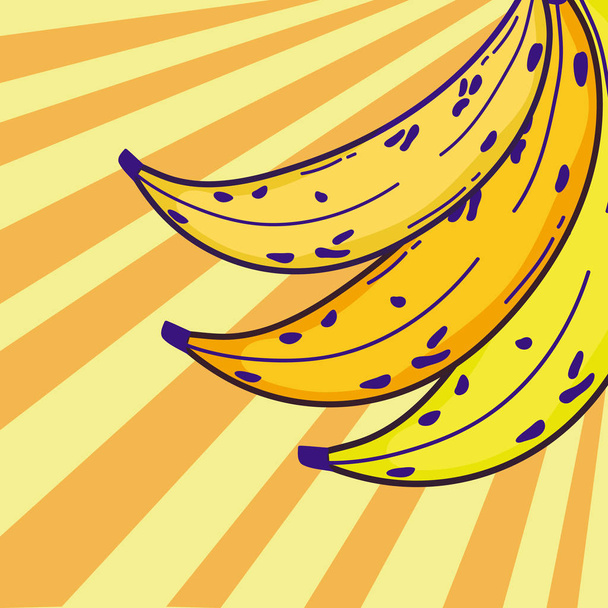 Pop-Art-Cartoons mit Bananenfrüchten über gestreiftem Hintergrund Vektor Illustration Grafik Design - Vektor, Bild