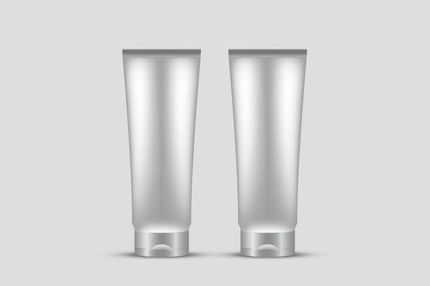 Kozmetik beyaz plastik tüp izole yumuşak gri arka plan üzerinde. Sahte Up.an marka ve tasarım için kullanılır. 3D render - Fotoğraf, Görsel