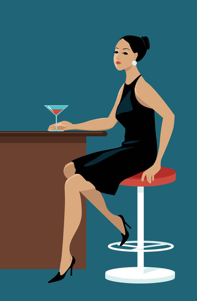 Young pretty woman sitting at a bar with a cocktail, waiting, EPS 8 vector illustration - Vector, Image