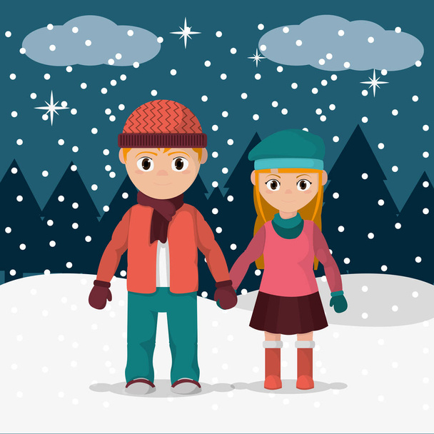 niños con ropa de invierno en el clima de nieve
 - Vector, imagen
