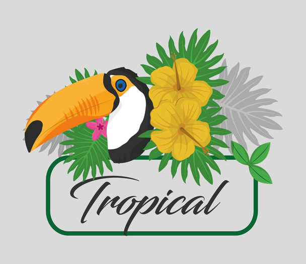 Tropic αφήνει λουλούδια και toucan σχεδιασμού - Διάνυσμα, εικόνα