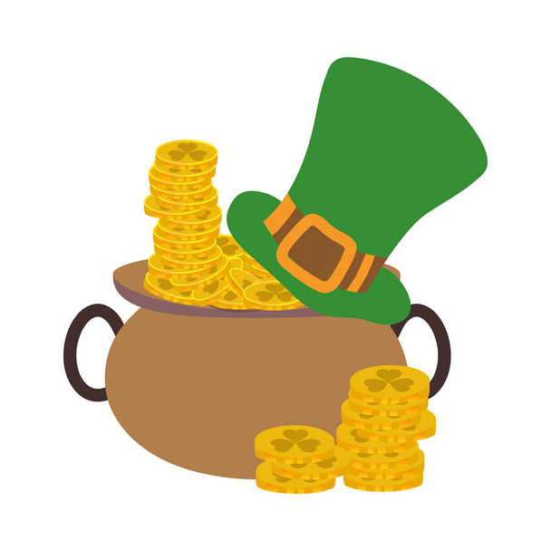 color gold coins and st patrick hat inside cauldron - Vector, Image