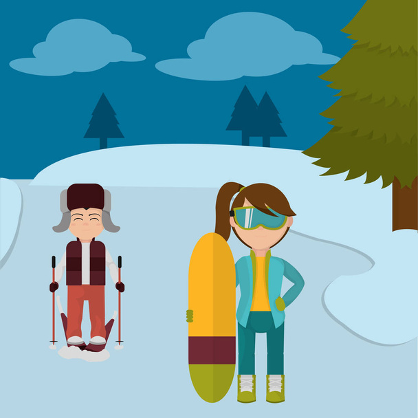 enfants avec des vêtements d'hiver jouant au ski
 - Vecteur, image