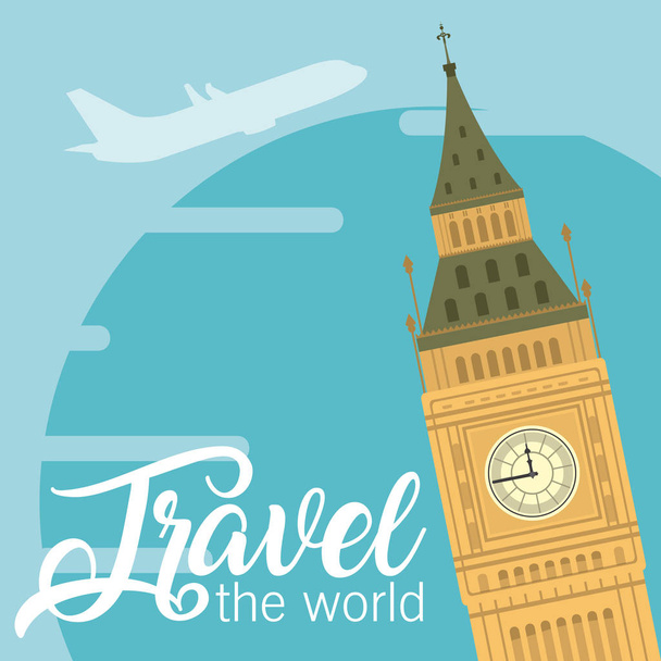 Travel the world card with big ben clock monument vector illustration graphic design - Vector, Image