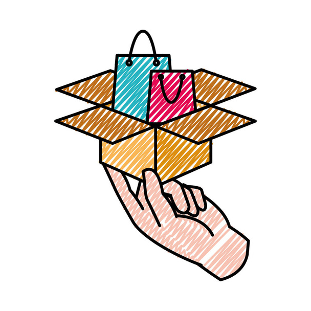 Doodle Hand mit Einkaufstasche im Karton-Paket - Vektor, Bild