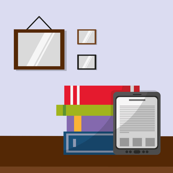 Livros e tablet sobre design de mesa
 - Vetor, Imagem