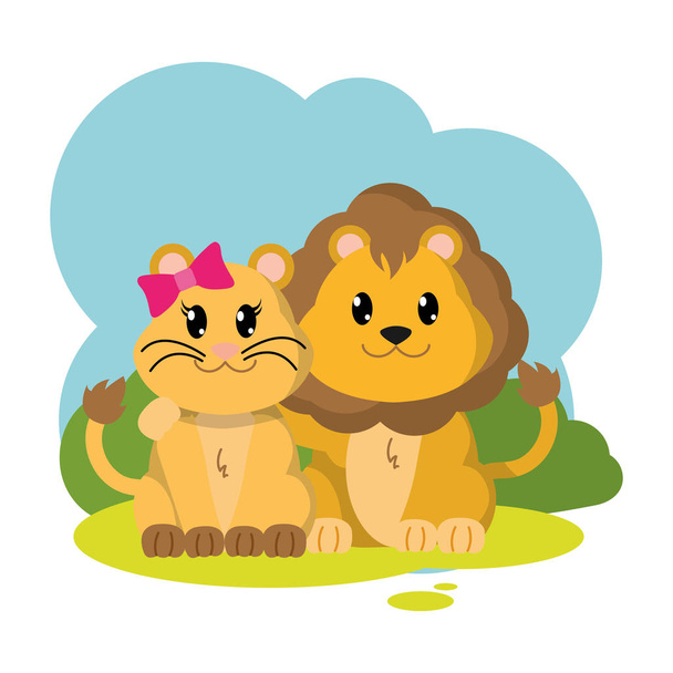 colorful lion couple cute animal in the landscape - Wektor, obraz