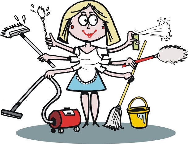 Vector cartoon of housewife cleaning and dusting - Vector, Image
