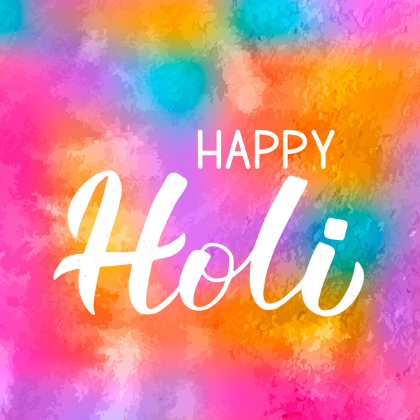 Holi calligraphy hand  lettering  on colorful watercolor background. Indian Traditional festival of colors. Hindu spring celebration poster. Vector template for party invitations, banners, flyers. - Vektor, kép