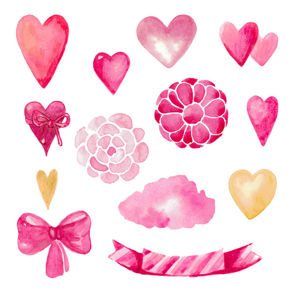 Aquarel set van romantische harten bloemen textuur Bow roze kleur een set van elementen voor het ontwerp van kaarten en ansichtkaart - Foto, afbeelding