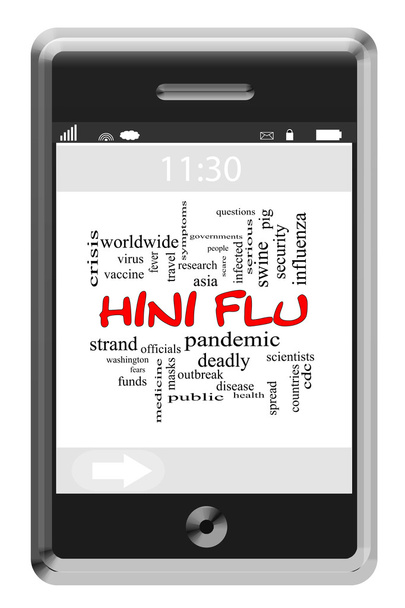 H1N1 γρίπης λέξη έννοια σύννεφο στο τηλέφωνο οθόνη αφής - Φωτογραφία, εικόνα