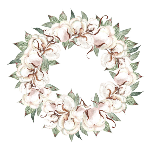 Beautiful  watercolor wedding wreath with eucalyptus, cotton   and leaves.  - Photo, Image