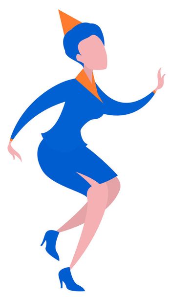 Young woman in blue office dress is dancing. Fools day carnival - Vecteur, image