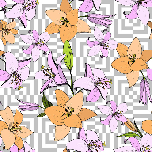 Vector Lily floral botanical flower. Wild spring leaf wildflower isolated. Engraved ink art. Seamless background pattern. Fabric wallpaper print texture. - Vector, Imagen