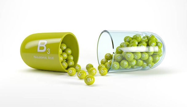 3D rendering van een vitamine capsule met vitamine B3-nicotine AC - Foto, afbeelding