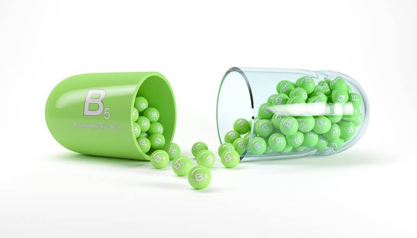 3D-Darstellung einer Vitaminkapsel mit Vitamin b5 - pantothenisch  - Foto, Bild