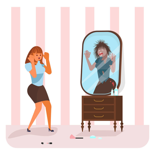 Young woman saw a monster in the mirror - Vector, Image