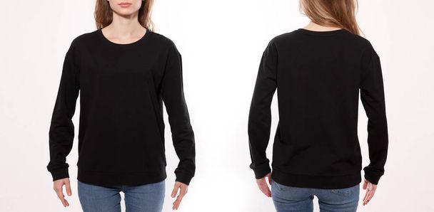 young girl in black sweatshirt front and rear, black hoodies, blank isolated on white background - Φωτογραφία, εικόνα