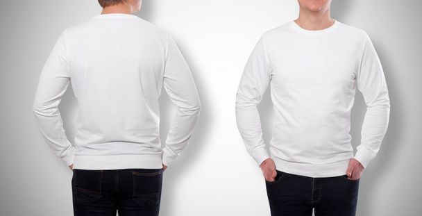 young man in white sweatshirt, white hoodies front and rear. white background - Foto, Bild