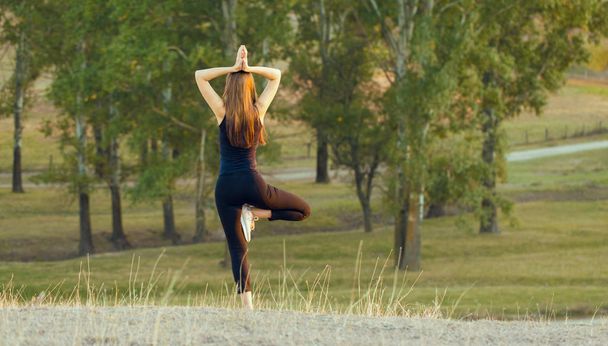 Young beautiful girl doing yoga in nature. - Photo, Image
