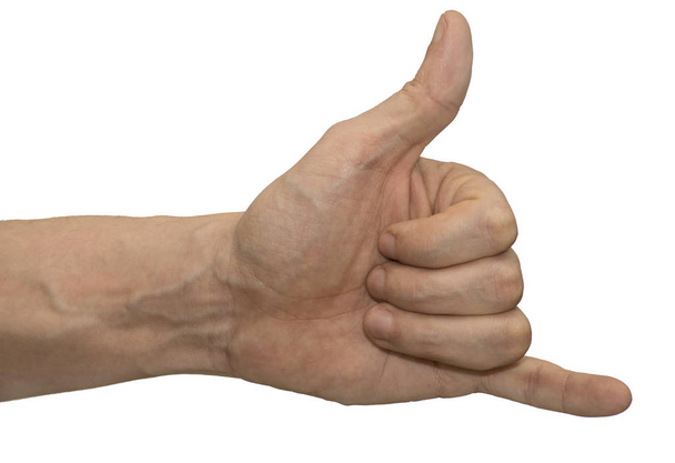 Hand gesture with protruding thumb and little finger. Hand on a white background, isolate. - Photo, Image