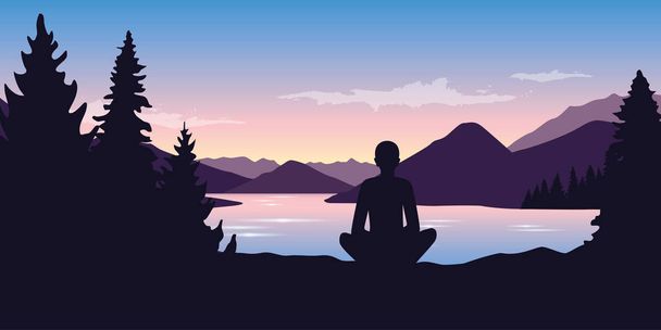 person enjoys peace in nature on the river in the forest at sunrise - Vector, Image