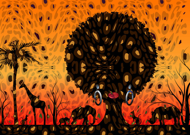 Safari Africano animal silhueta paisagem cena e retrato mulher africana no cabelo tradicional encaracolado. Árvore da Vida conceito e textura de leopardo por do sol fundo. Mãe terra, mãe natureza conceito
 - Vetor, Imagem