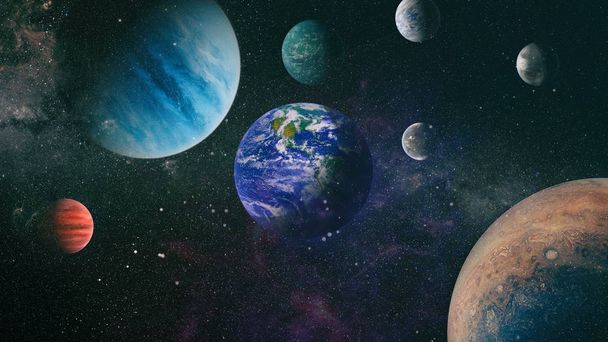 Planeta Ziemia w przestrzeni z innych planet w układzie. Ziemia w galaktyce - Zdjęcie, obraz