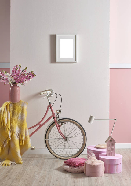 vaaleanpunainen valkoinen seinä ja koriste sisustus kodin ja lasten huone, mallit makuuhuone
 - Valokuva, kuva