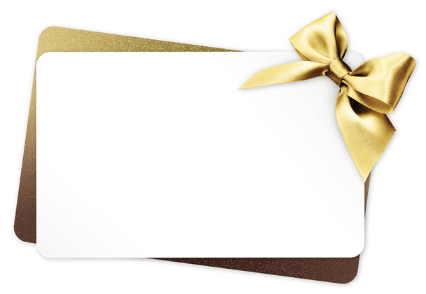 tarjeta de regalo con lazo de cinta dorada aislado sobre fondo blanco
 - Foto, imagen
