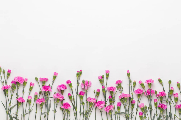 Pink carnation flowers on white background. Flat lay, top view,  - Φωτογραφία, εικόνα