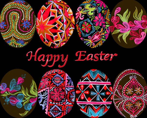 eggs with traditional painting (Eastern European styles of painting, in particular Ukrainian motifs), design for card "Happy Easter" - Photo, image