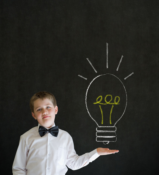 Pointing boy business man with bright idea chalk lightbulb - Фото, изображение