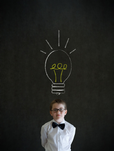 Thinking boy business man with bright idea chalk lightbulb - Photo, Image