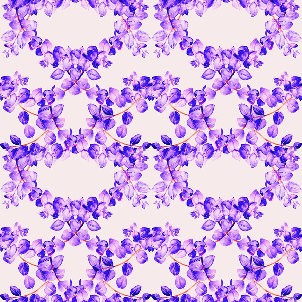 紫紫色の葉、手でペイントされた水彩画、柔らかい黄色の背景にシームレスなパターンデザインを持つユーカリ tetragona の枝 - 写真・画像