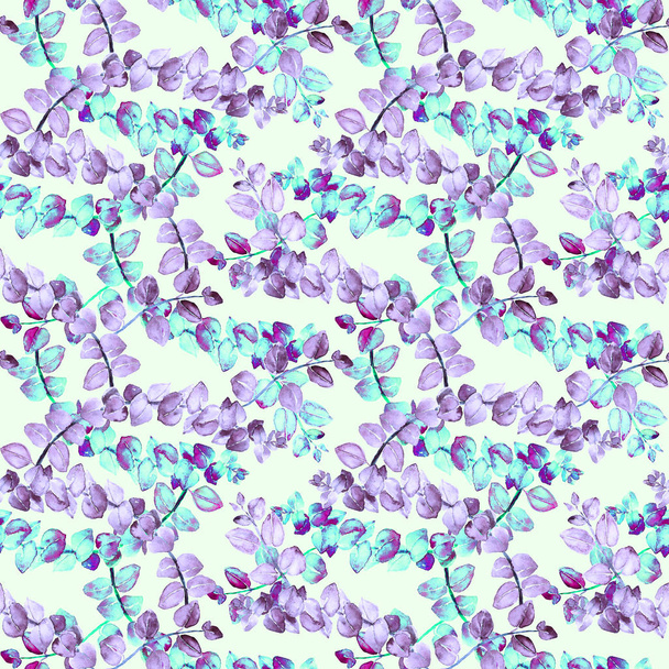 Blue and purple eucalyptus tetragona branches with pink leaves, hand painted watercolor illustration, seamless pattern design on soft yellow background - Φωτογραφία, εικόνα