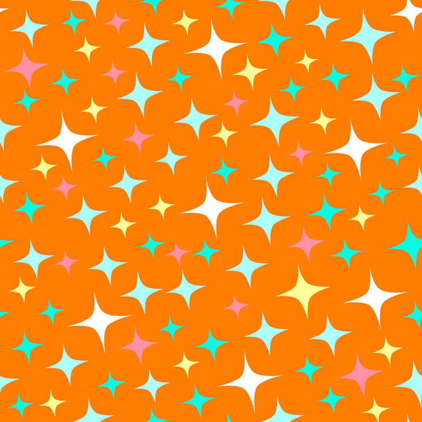 Seamless pattern with starlight sparkles, twinkling stars. Shining orange background. Abstract luster, chic backdrop. Cartoon style. - Vector, Image