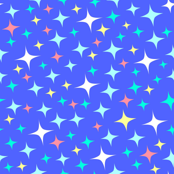 Seamless pattern with starlight sparkles, twinkling stars. Shining blue background.  Illustration of night starry sky. Cartoon style. - Vector, Image