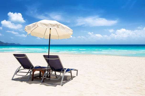 傘、美しい砂のビーチとビーチチェア  - 写真・画像