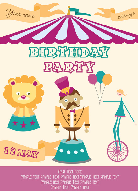 Circus Happy Birthday card - Vector, imagen