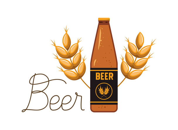 bottle of beer and wheat isolated icon - Vector, Imagen