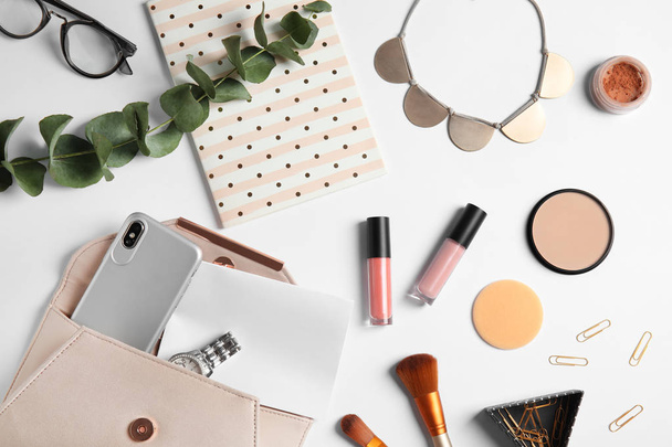 Flat lay composition with female accessories on white background. Beauty blogger - Foto, afbeelding