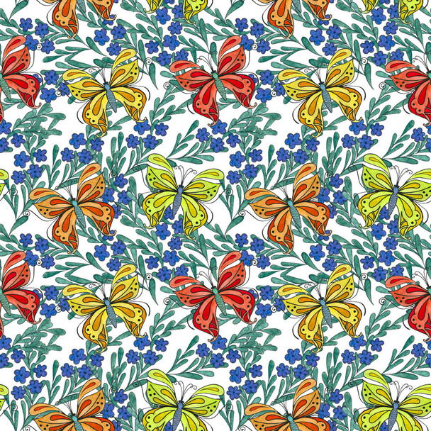 Watercolor seamless pattern with butterflies. - Photo, Image