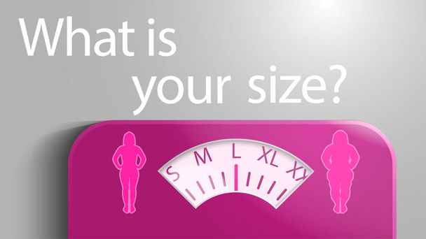Illustration of scales with a scale in the form of clothing sizes for women with the slogan "What is your size?" - Wektor, obraz