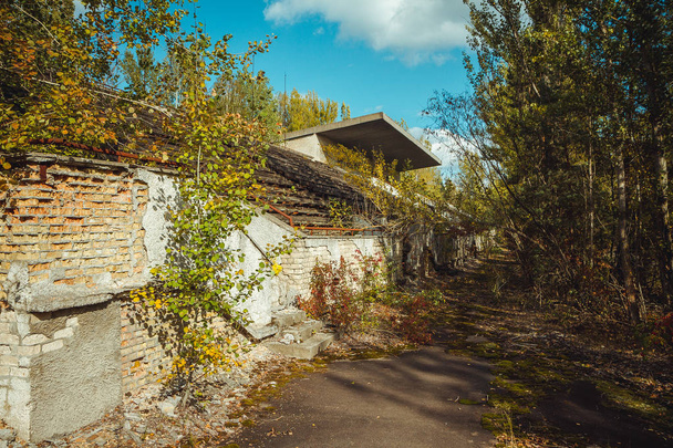 Old football stadium in Chornobyl exclusion zone. Radioactive zone in Pripyat city - abandoned ghost town. Chernobyl history of catastrophe - Photo, Image