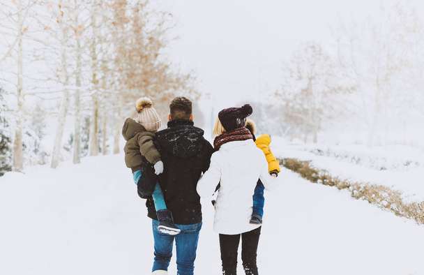 Una vista trasera de la hermosa familia joven, caminando en el parque y disfrutando de las vacaciones de invierno
 - Foto, Imagen