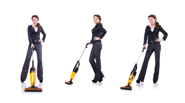 Young woman with vacuum cleaner on white - Foto, Imagem