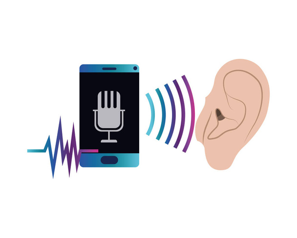 αυτί με ηχητικό κύμα και smartphone - Διάνυσμα, εικόνα