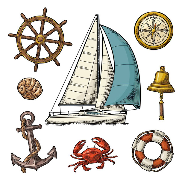 Anchor, wheel, sailing ship, compass rose, shell, crab, lighthouse engraving - Vetor, Imagem