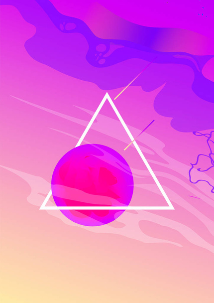 Poster mit fluidem holographischen Neon rund und weißem Dreieck im retrowave, vaporwave nostalgischen Stil. - Vektor, Bild